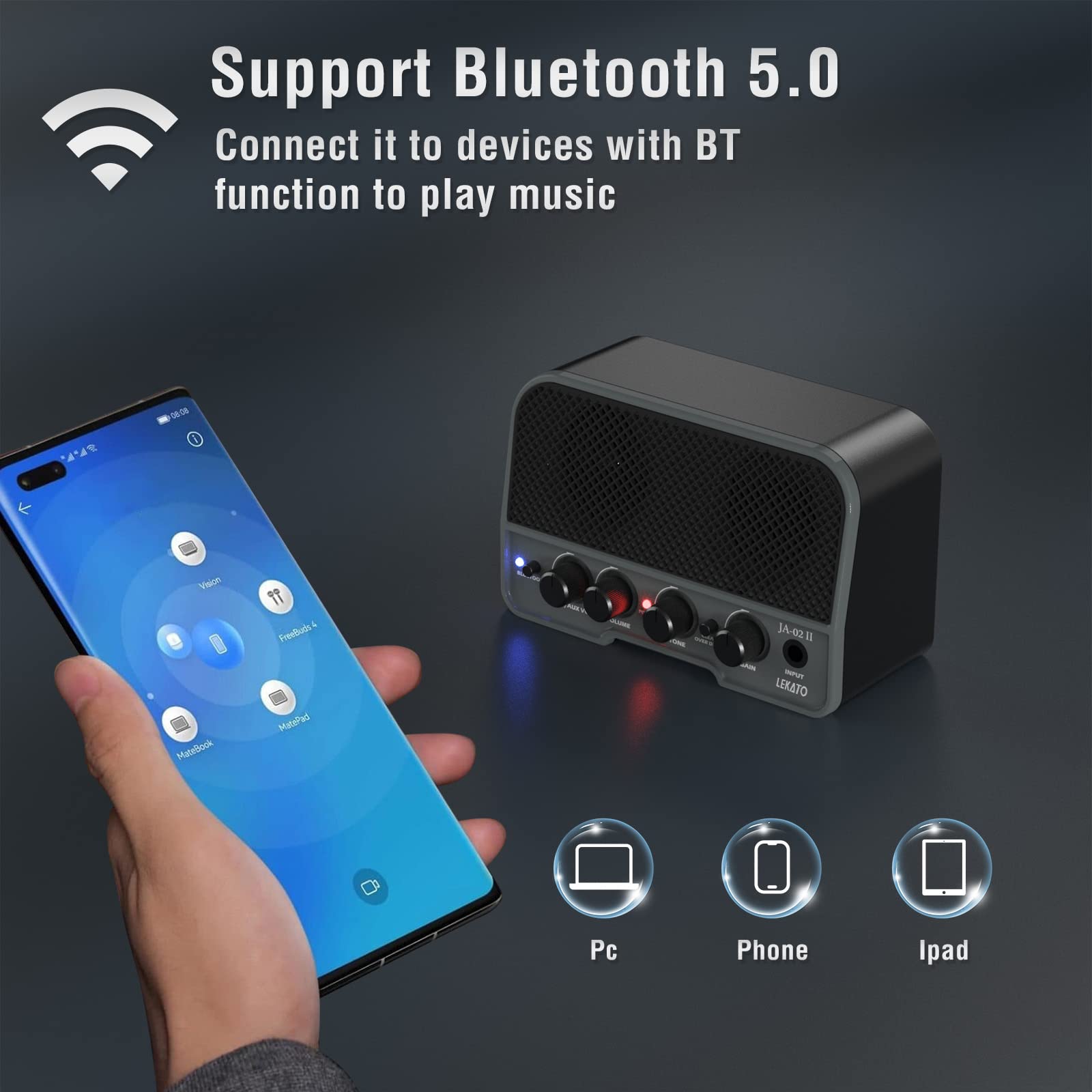 LEKATO Mini Guitar Amp Rechargeable Amplifier Electric Guitar Amp 5W, Clean/Overdrive,Bluetooth Guitar Amp Portable Guitar Amp for Daily Practice,Black - Image 5